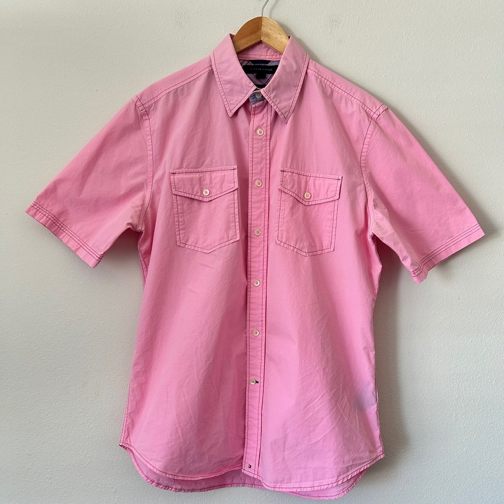 Tommy Hilfiger‎ Mens Pink Easter Short Sleeve Button Down Shirt Medium